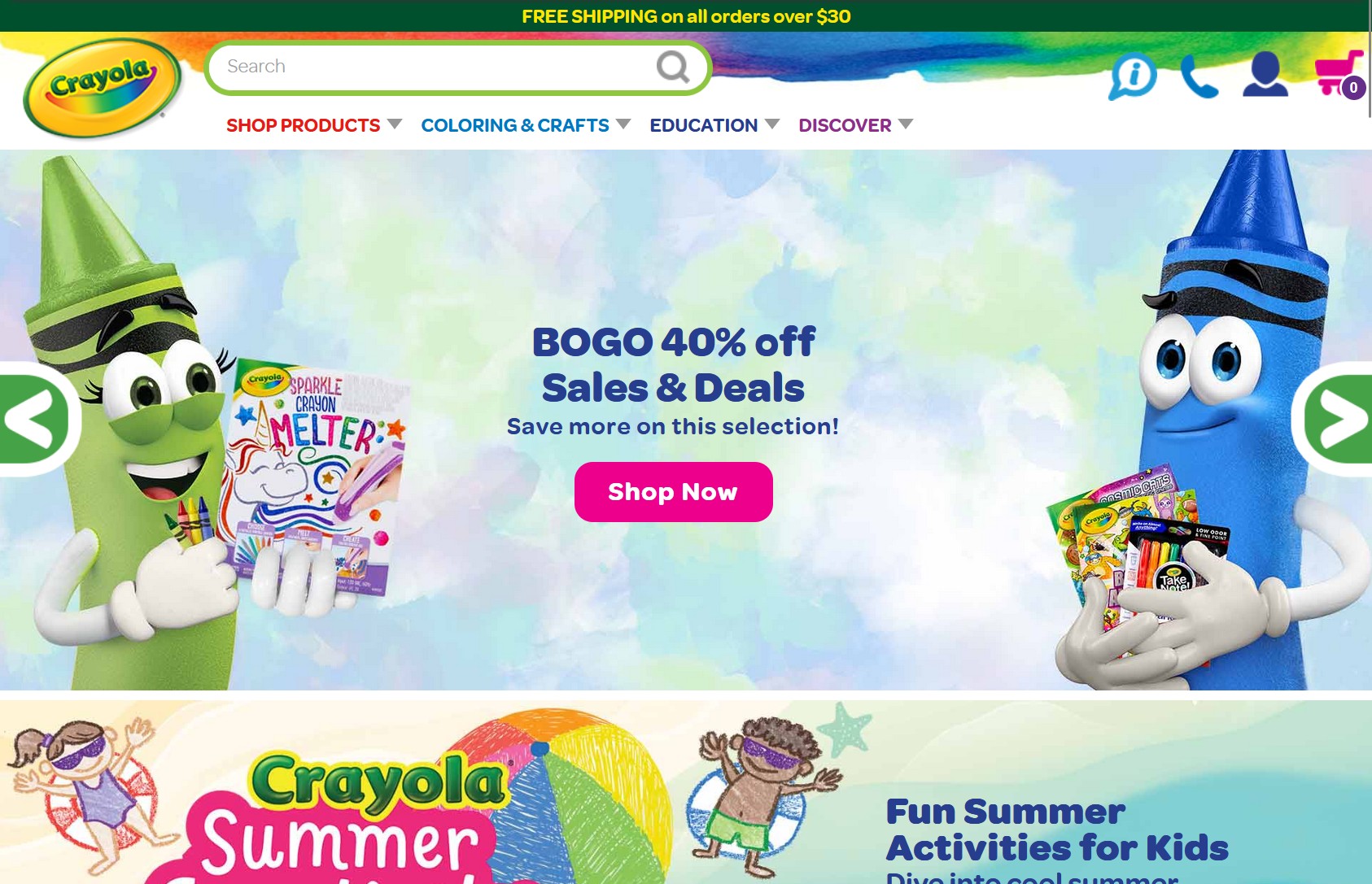 Shot of Crayola's website circa 2021 featuring anthropomorphic crayons
