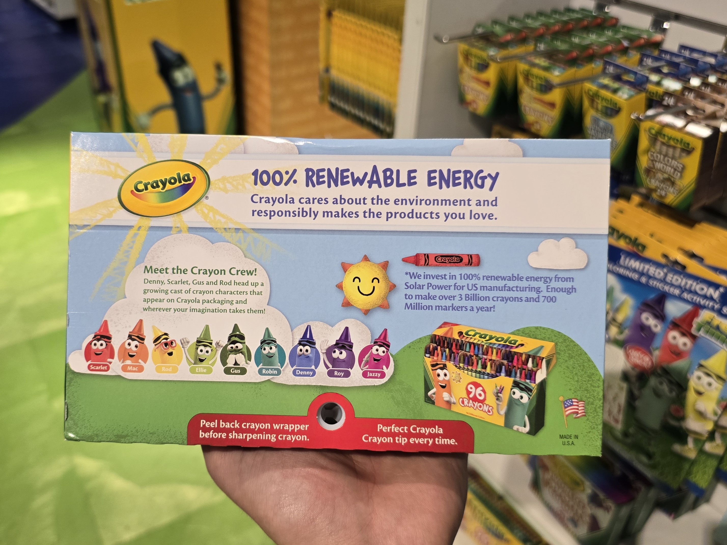 Back of a 96-ct crayon box introducing the Crayon Crew.