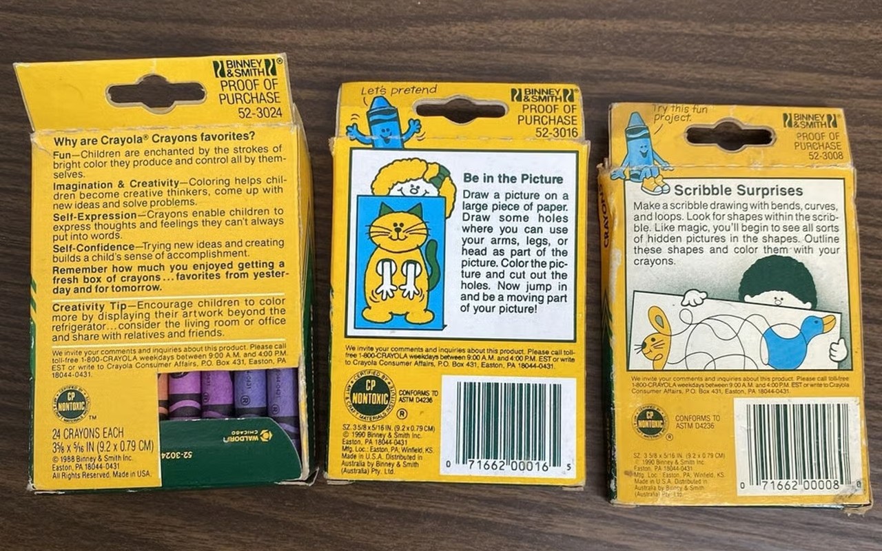 Crayola crayon boxes from 1988 and 1990.