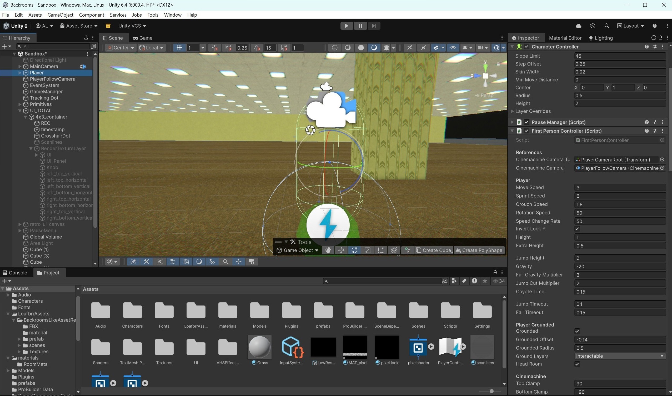 Screenshot of the Unity editor open to my backrooms game.