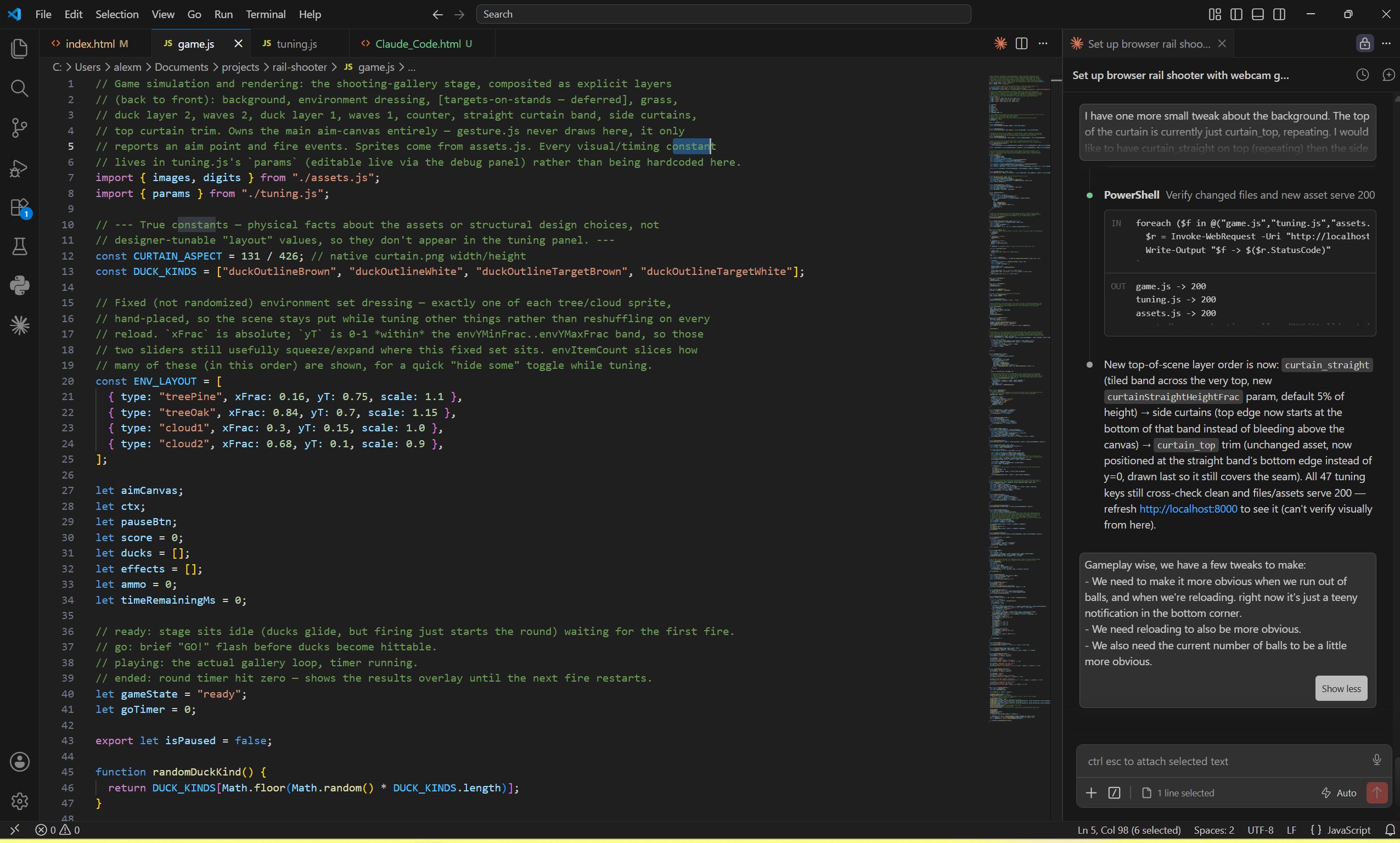 VSCode window with Claude toolbar open on the right-hand side.