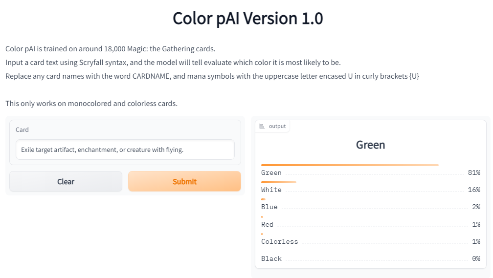 ColorPai demo interface correctly ategorizing the card shoot down.