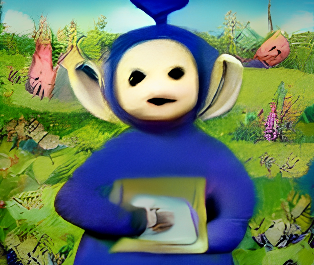 AI-generated image of Tinky Winky, with a background reminiscent of Hieronymus Bosch's work
