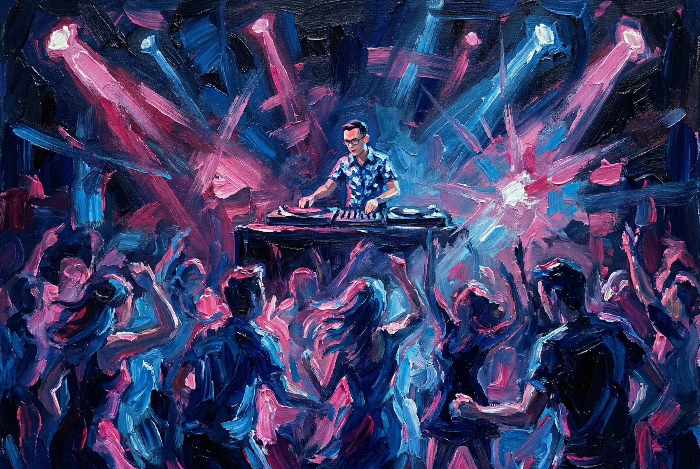 Oil painting of me Djing in a club. Generated by Nano Banana.