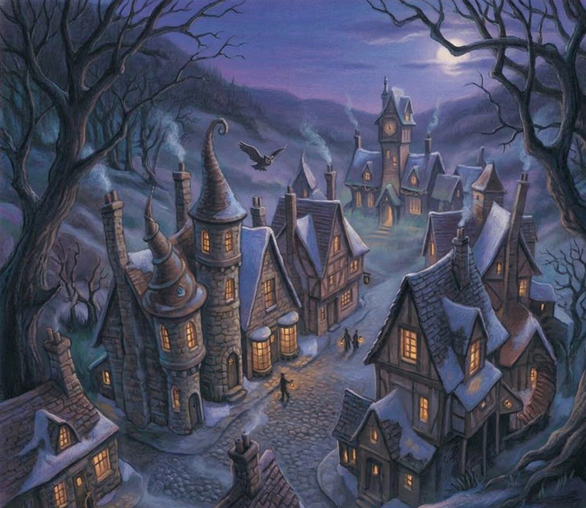 Painting of a magical village in the style of Mary GrandPre, generated by Nano Banana.