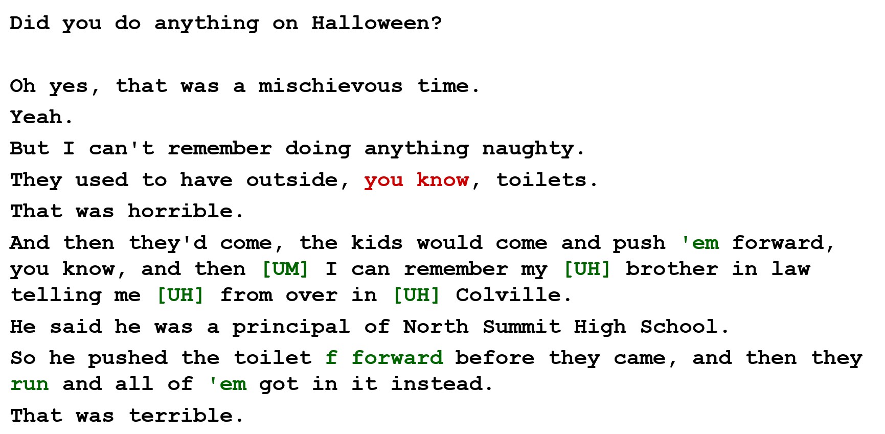 Transcript of a few seconds of an interview, describing some mischevous students tipping outhouses on halloween.