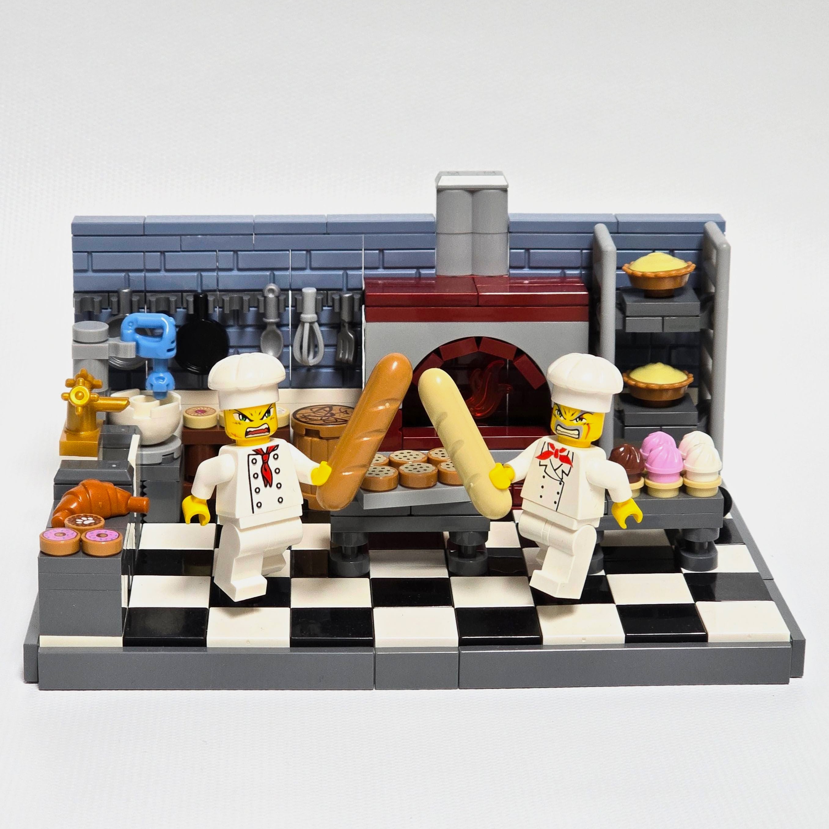 Two Lego bakers fighting with baguettes, created by Alex Lyman