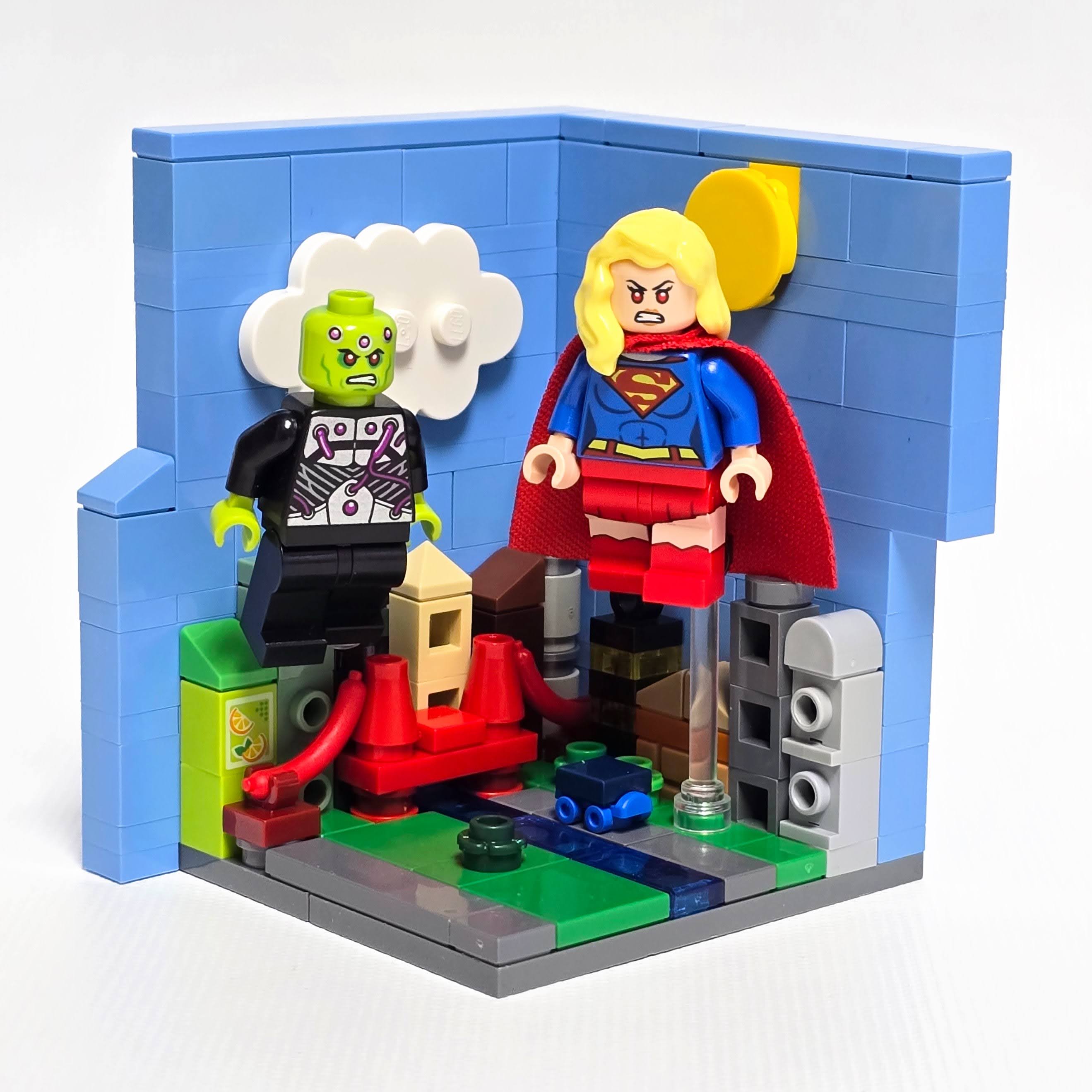 Lego Braniac and Supergirl fighting in the skies over Metropolis, created by Alex Lyman