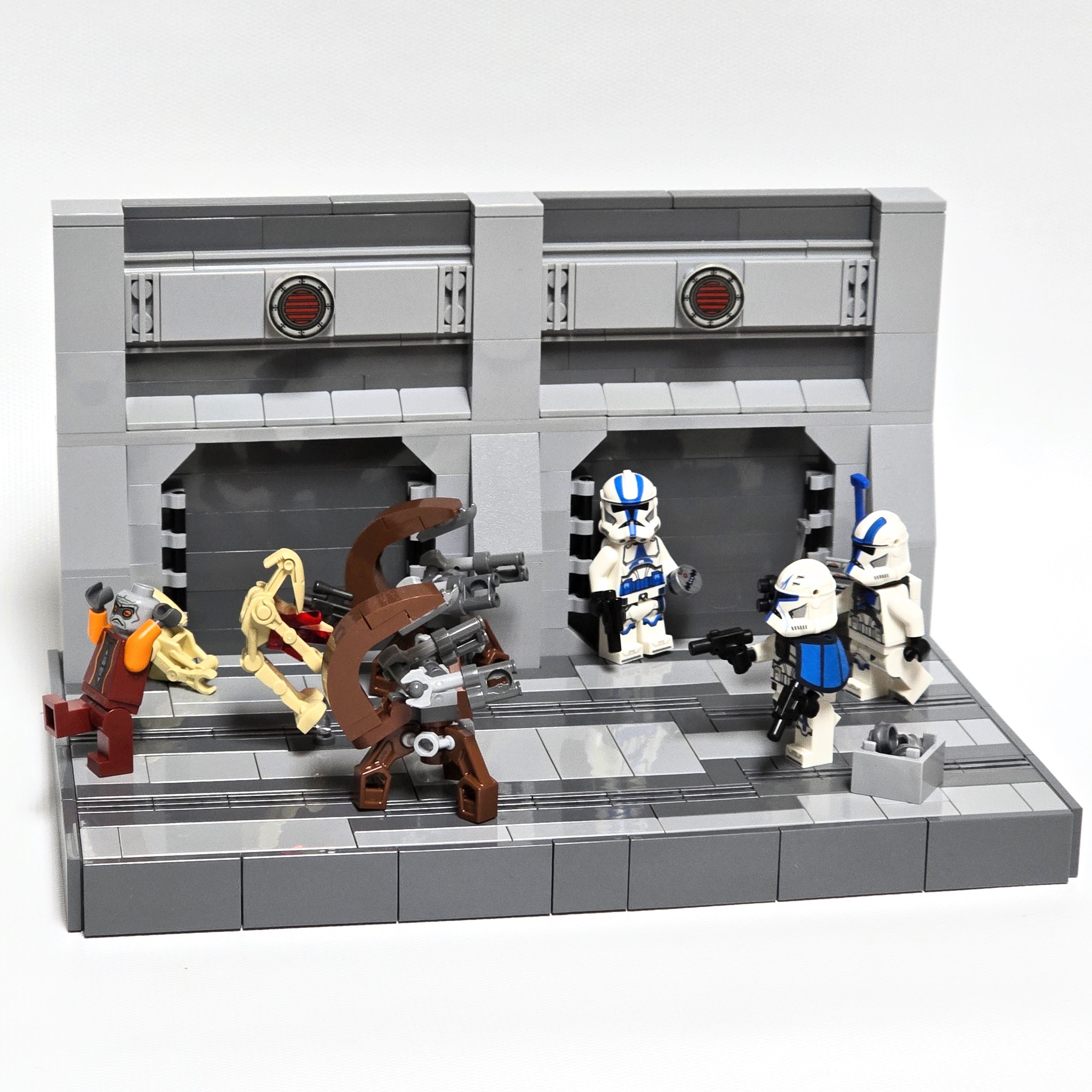 Lego Star Wars hallway with Clone Troopers and droids, created by Alex Lyman