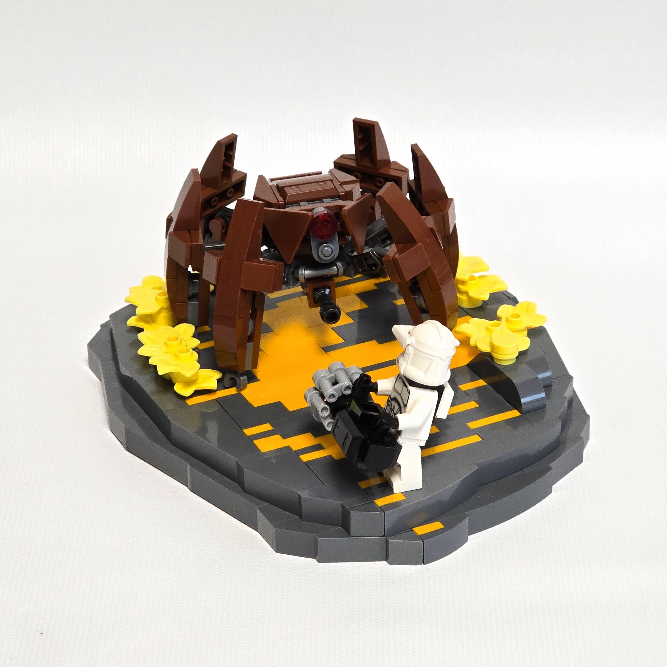 Lego clone trooper fighting a crab droid, created by Alex Lyman