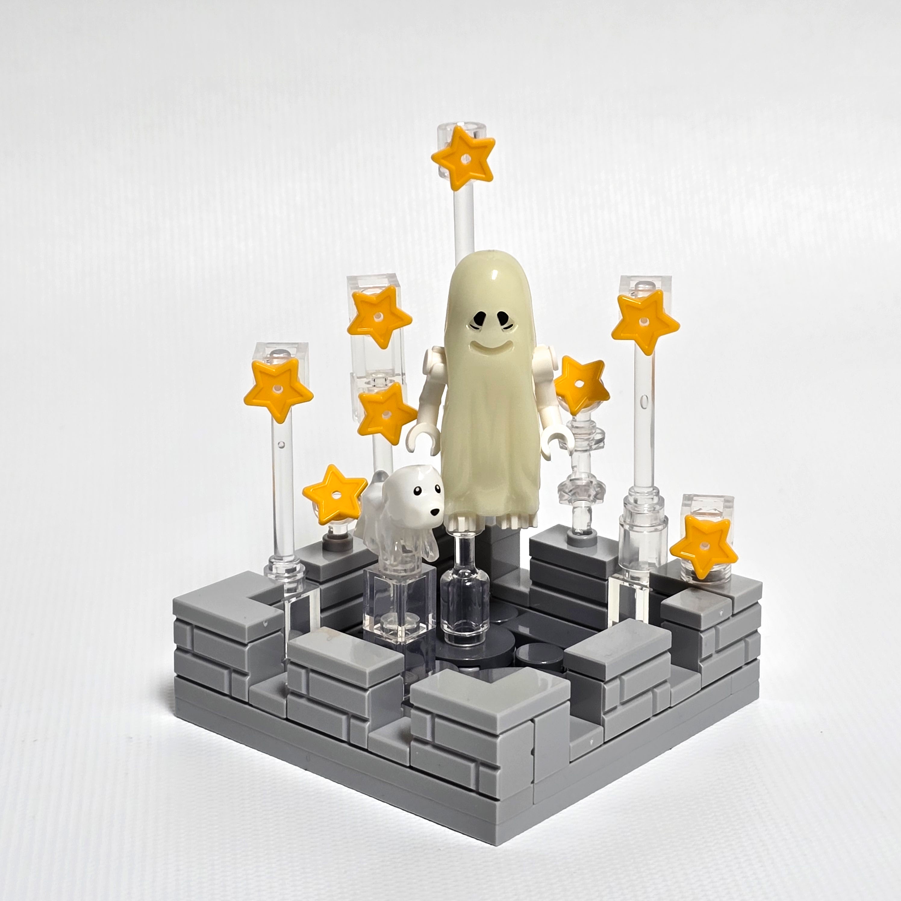 Lego ghost walking his ghost dog, created by Alex Lyman