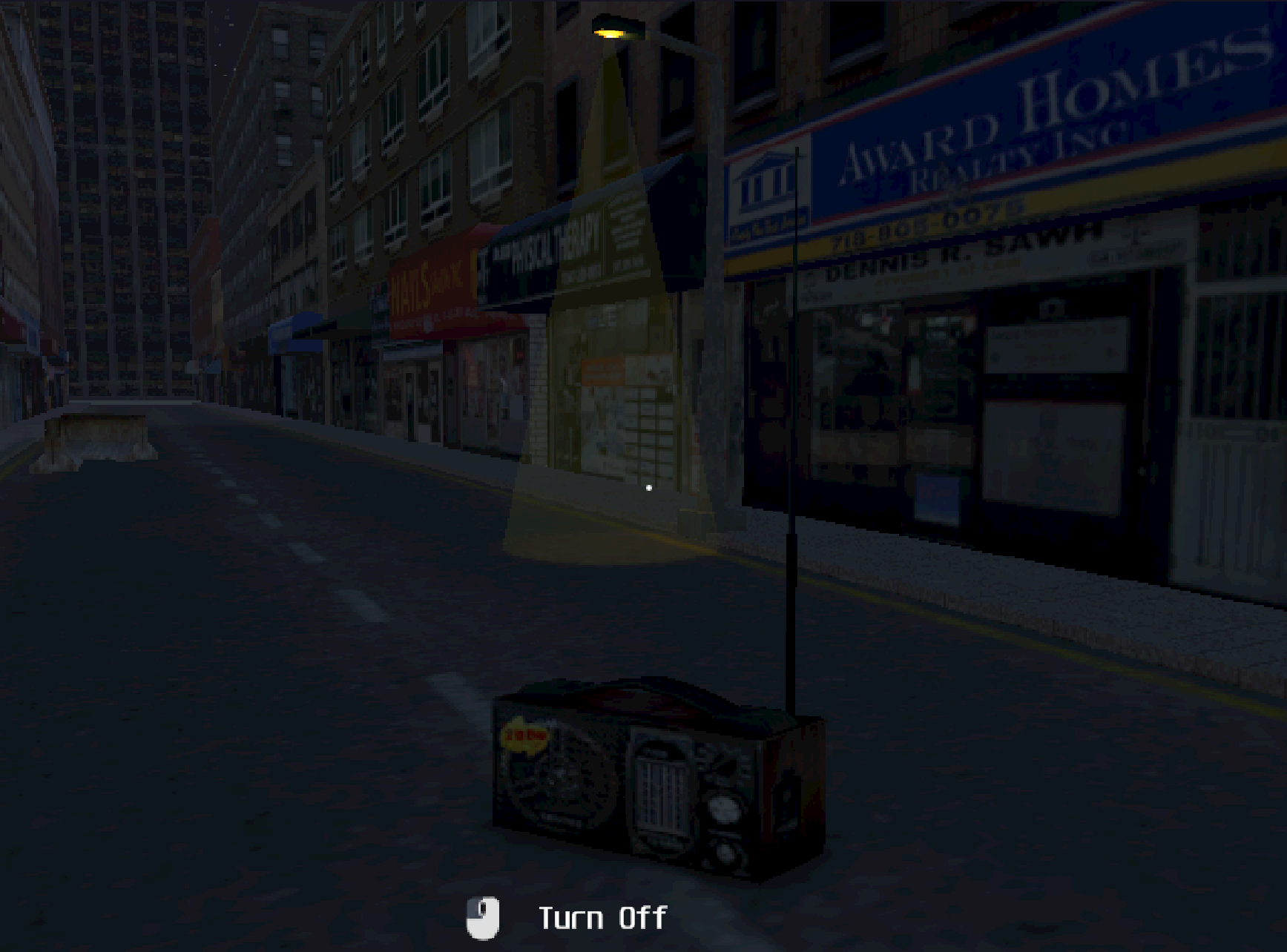 A psx style city at night. An onscreen prompt tells you you can turn off a radio