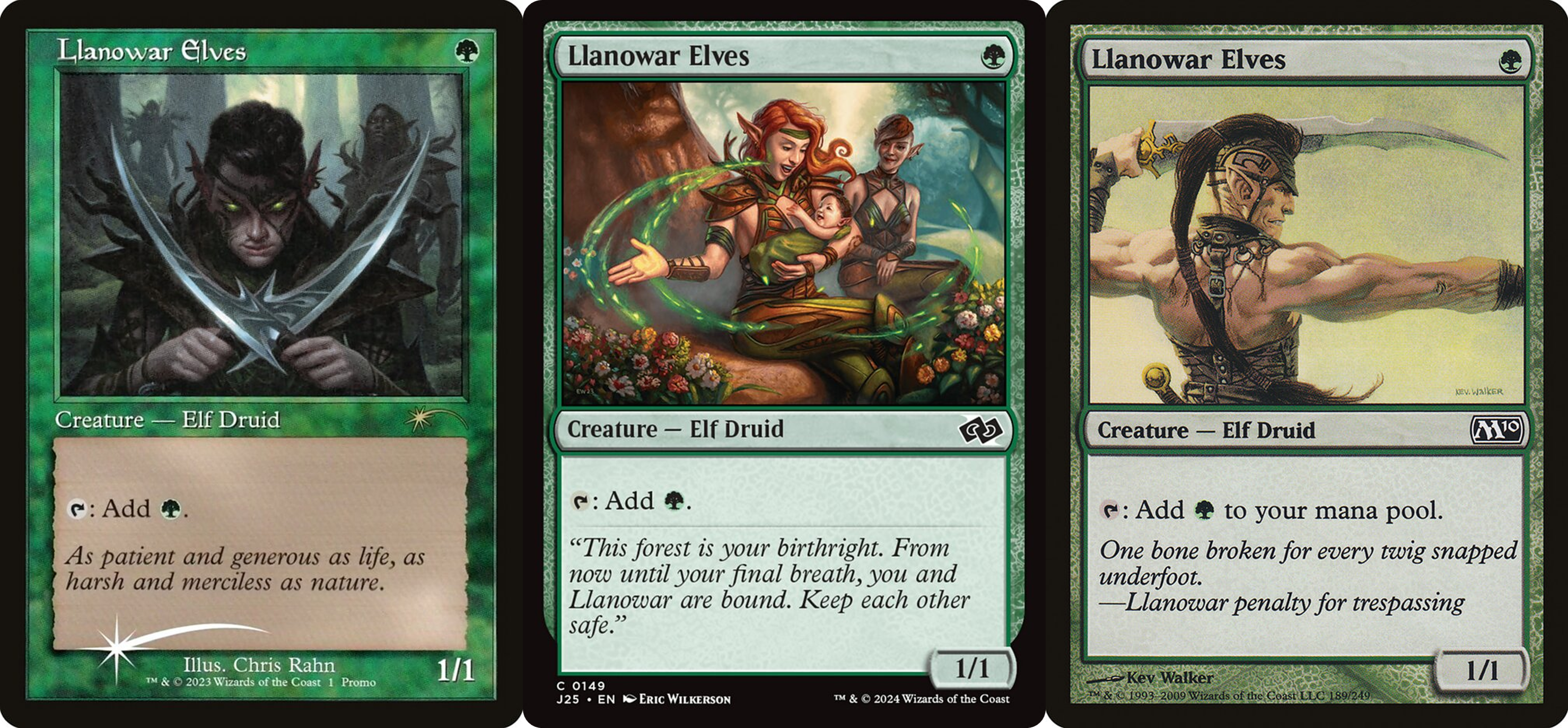 Three different editions of Llanowar Elves, all with diffeetn flavor texts.