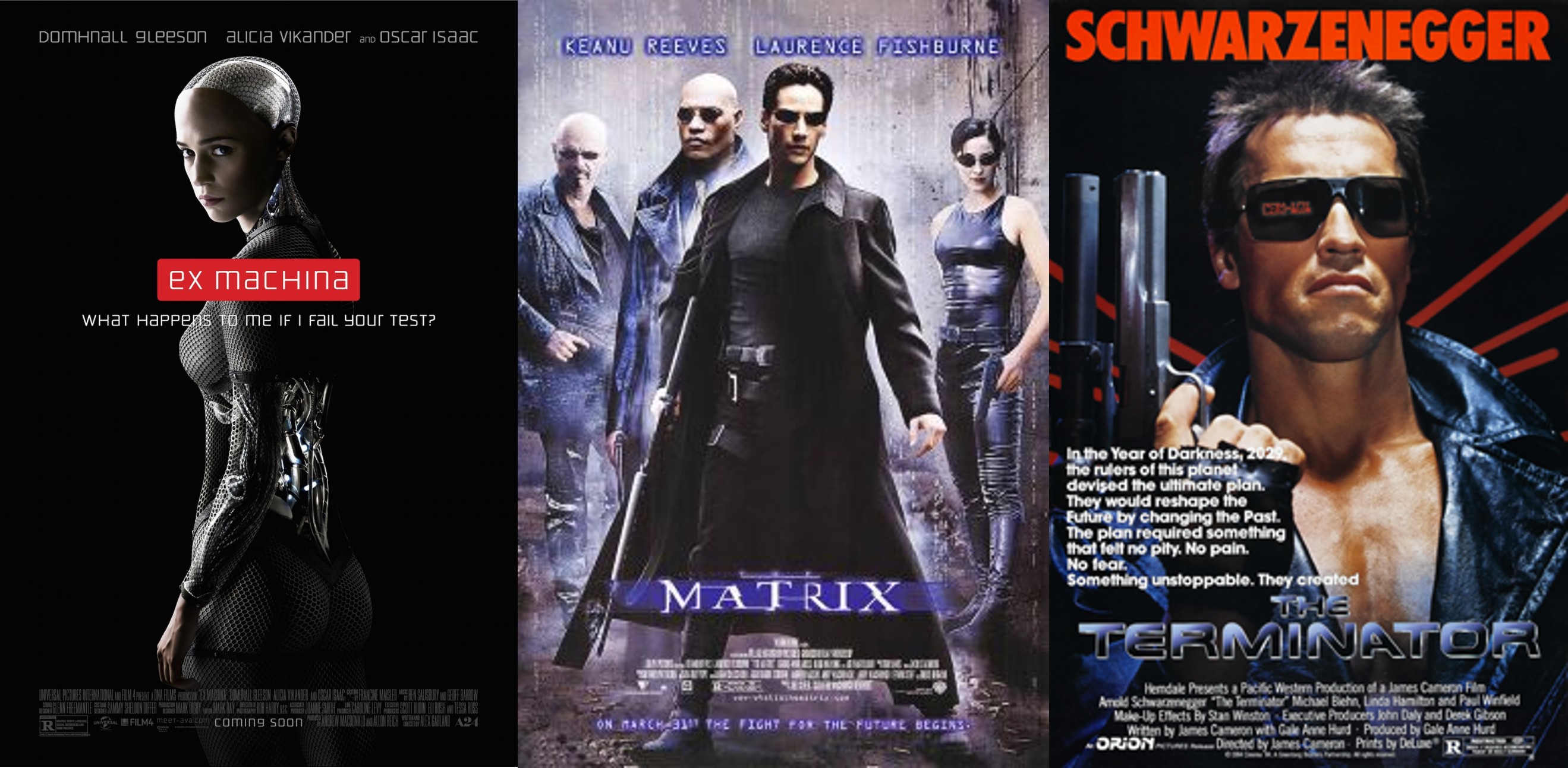 movie posters for Terminator, the Matrix, and Ex Machina