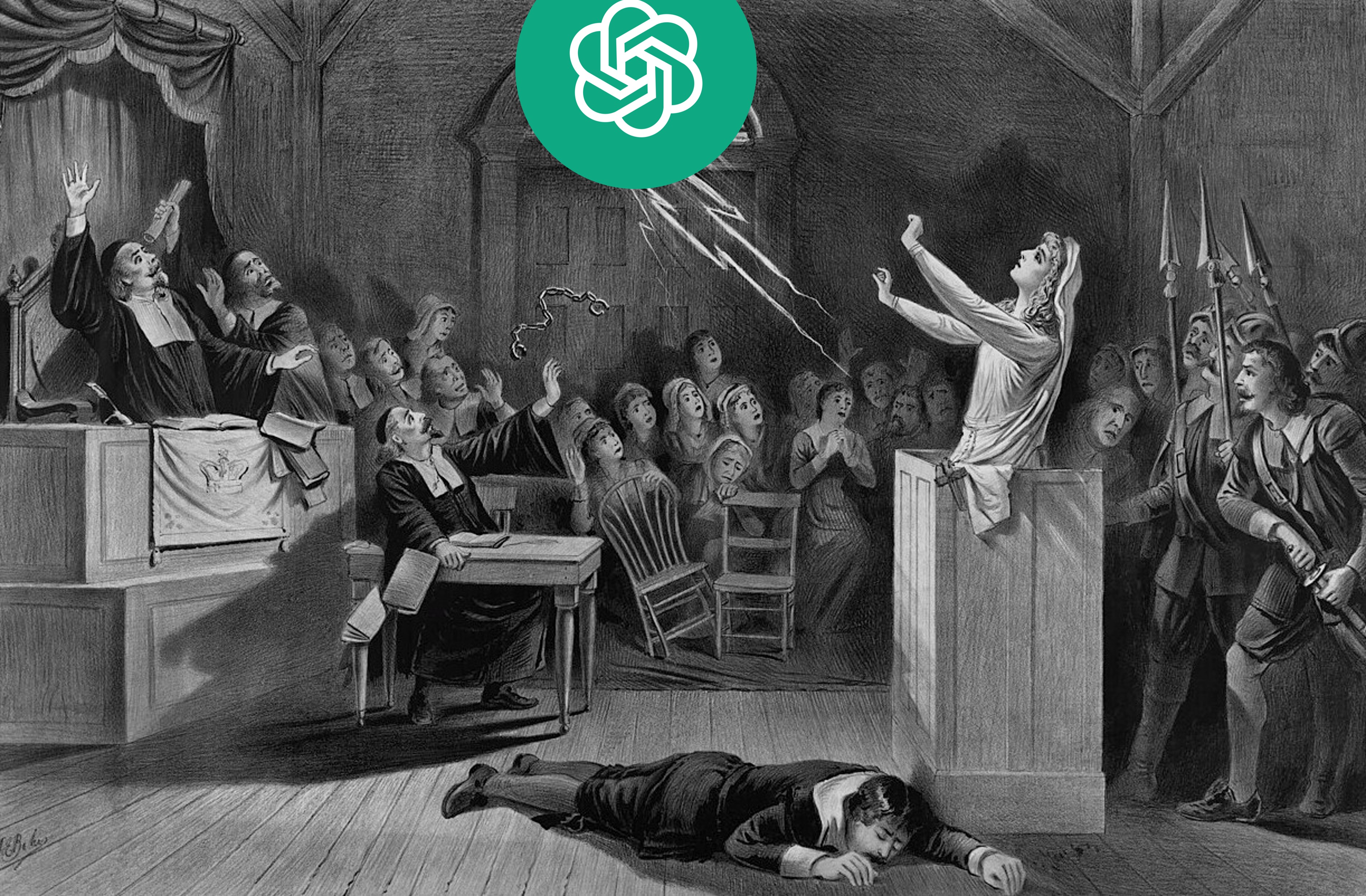 Lithograph of the Salem Witch Trials with an OpenAI logo superimposed