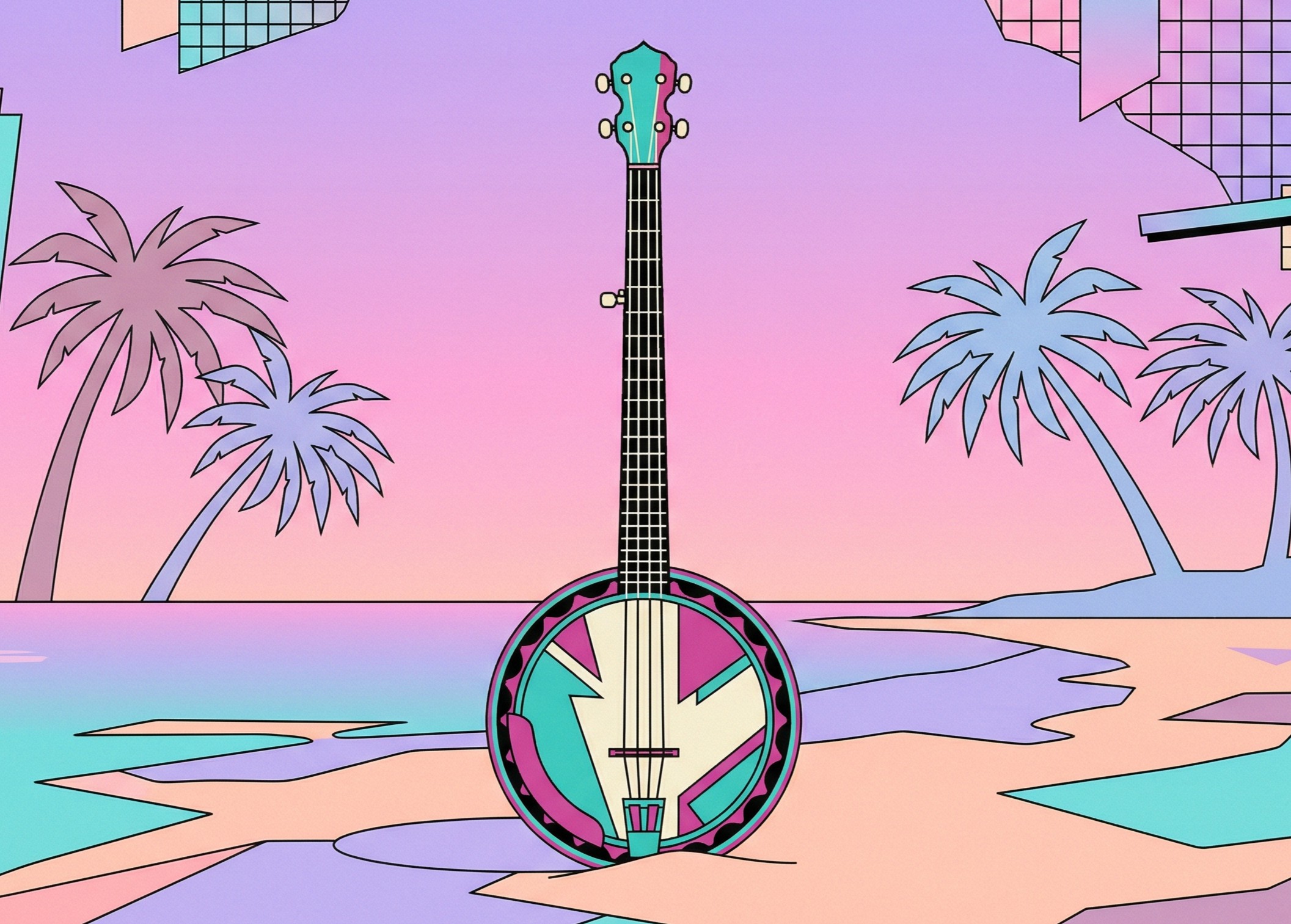 Vaporwave album cover featuring a banjo. Generated by Nano Banana.